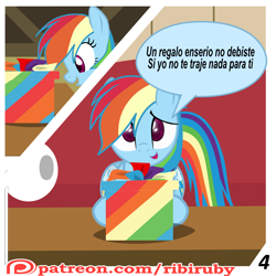 Size: 1280x1280 | Tagged: safe, artist:ribiruby, derpibooru import, rainbow dash, pegasus, pony, comic:a gift for dash, comic, dialogue, dock, female, mare, patreon, patreon logo, present, show accurate, sitting, sofa, solo, spanish, translated in the comments