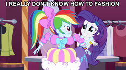 Size: 1018x572 | Tagged: safe, screencap, rainbow dash, rarity, equestria girls, image macro, meme, rainbow dash always dresses in style