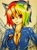 Size: 2320x3105 | Tagged: safe, artist:kevinthecrushinator, derpibooru import, rainbow dash, human, breasts, cleavage, ear piercing, eared humanization, earring, female, humanized, jewelry, necklace, piercing, rainboob dash, solo, traditional art, winged humanization, zipper