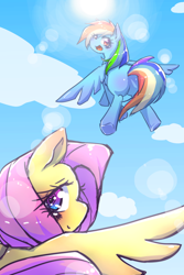 Size: 1000x1500 | Tagged: safe, artist:takuan_lte, fluttershy, rainbow dash, pegasus, pony, flying, looking back, pixiv, sky