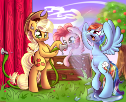 Size: 4915x4000 | Tagged: safe, artist:carligercarl, derpibooru import, applejack, pinkie pie, rainbow dash, earth pony, pegasus, pony, apple, barn, hose, summer, water