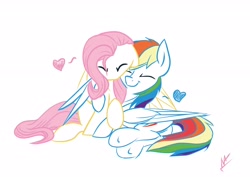 Size: 3541x2508 | Tagged: safe, artist:navigatoralligator, fluttershy, rainbow dash, pegasus, pony, cuddling, female, flutterdash, heart, lesbian, shipping, simple background, snuggling