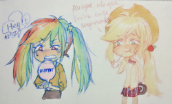 Size: 1456x883 | Tagged: safe, artist:ranbluesue, derpibooru import, applejack, rainbow dash, human, alternate hairstyle, appledash, blushing, cardigan, chibi, clothes, comb, dialogue, female, humanized, lesbian, mirror, shipping, skirt, sweater, traditional art