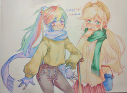 Size: 2000x1468 | Tagged: safe, artist:ranbluesue, derpibooru import, applejack, rainbow dash, human, alternate hairstyle, appledash, breath, bucket, clothes, female, fingerless gloves, gloves, humanized, jacket, lesbian, pants, scarf, shipping, skirt, spade, sweater, traditional art