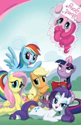 Size: 911x1400 | Tagged: safe, derpibooru import, idw, applejack, fluttershy, pinkie pie, rainbow dash, rarity, twilight sparkle, earth pony, pegasus, pony, unicorn, comic, cover, mane six