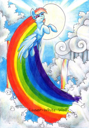 Size: 2413x3453 | Tagged: safe, artist:lunar-white-wolf, derpibooru import, rainbow dash, pegasus, pony, cloud, rainbow, rainbow trail, rainbow waterfall, solo, traditional art