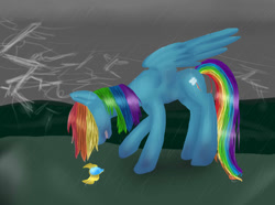 Size: 1024x763 | Tagged: safe, artist:pinkiamena, rainbow dash, pegasus, pony, crying, element of laughter, implied death, solo