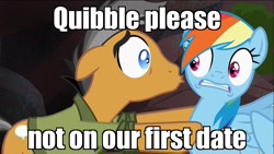 Size: 1366x768 | Tagged: safe, derpibooru import, edit, edited screencap, screencap, quibble pants, rainbow dash, pegasus, pony, stranger than fan fiction, caption, discovery family logo, image macro, kissing, male, meme, out of context, quibbledash, rainbow dash is not amused, shipping, straight, unamused