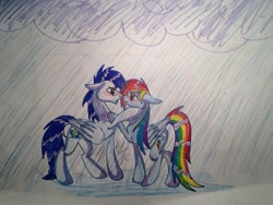 Size: 1024x768 | Tagged: safe, artist:ficklepickle9421, derpibooru import, rainbow dash, soarin', pegasus, pony, male, rain, shipping, soarindash, straight, traditional art