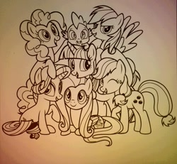 Size: 1040x960 | Tagged: safe, derpibooru import, applejack, fluttershy, pinkie pie, rainbow dash, rarity, spike, twilight sparkle, dragon, earth pony, pegasus, pony, unicorn, mane seven, mane six, monochrome