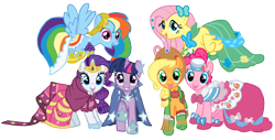 Size: 1706x867 | Tagged: safe, artist:schnuffitrunks, derpibooru import, applejack, fluttershy, pinkie pie, rainbow dash, rarity, twilight sparkle, earth pony, pegasus, pony, unicorn, clothes, dress, gala dress, mane six