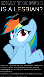 Size: 404x712 | Tagged: safe, derpibooru import, rainbow dash, pegasus, pony, fan theory, headcanon, mouthpiece, op is a cuck, sexuality headcanon, solo, vulgar