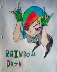 Size: 422x531 | Tagged: safe, artist:bloodyslices, derpibooru import, rainbow dash, human, clothes, devil horn (gesture), fingerless gloves, gloves, humanized, lined paper, pose, solo, traditional art