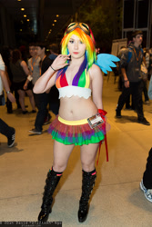 Size: 1365x2048 | Tagged: artist needed, safe, artist:arcticshadowfox, rainbow dash, human, 2014, belly button, bikini top, clothes, convention, cosplay, goggles, irl, irl human, midriff, palindrome get, photo, sakura con, skirt