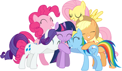 Size: 11630x6844 | Tagged: safe, artist:silentmatten, derpibooru import, applejack, fluttershy, pinkie pie, rainbow dash, rarity, twilight sparkle, earth pony, pegasus, pony, unicorn, magical mystery cure, absurd resolution, eyes closed, group hug, hug, mane six, simple background, transparent background, vector