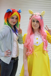 Size: 1365x2048 | Tagged: safe, fluttershy, rainbow dash, human, cosplay, irl, irl human, photo