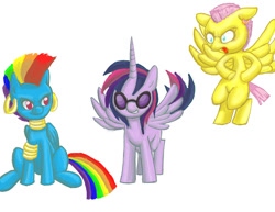 Size: 990x765 | Tagged: safe, artist:redanon, bulk biceps, dj pon-3, fluttershy, rainbow dash, twilight sparkle, twilight sparkle (alicorn), vinyl scratch, zecora, alicorn, pegasus, pony, alternate hairstyle, female, mare, simple background, white background, yeah