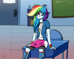 Size: 2000x1600 | Tagged: safe, artist:edmunddashie1815, derpibooru import, rainbow dash, equestria girls, boots, chair, classroom, clothes, compression shorts, desk, one eye closed, scenery, school, shorts, signature, sitting, skirt, socks, solo, wink