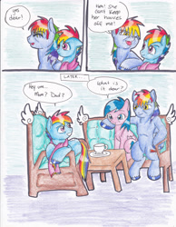 Size: 2552x3292 | Tagged: safe, artist:tristanjsolarez, derpibooru import, firefly, rainbow blaze, rainbow dash, pegasus, pony, comic:trans ponies, g1, g4, blue background, chair, clothes, colored pencil drawing, comic, cup, family, female, fireblaze, firefly as rainbow dash's mom, g1 to g4, generation leap, male, mare, rainbow dash's parents, scarf, shipping, simple background, sitting, sofa, stallion, straight, table, teacup, traditional art, transgender, trio