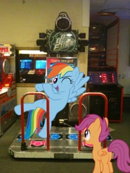 Size: 1536x2048 | Tagged: safe, artist:dreamcasterpegasus, artist:proenix, artist:tamalesyatole, rainbow dash, scootaloo, arcade, dance dance revolution, irl, photo, plot, ponies in real life, rhythm game, vector, wink