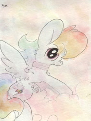 Size: 692x914 | Tagged: safe, artist:slightlyshade, derpibooru import, rainbow dash, pegasus, pony, clothes, cloud, female, looking at you, mare, open mouth, scarf, solo, spread wings, traditional art, watercolor painting, wings