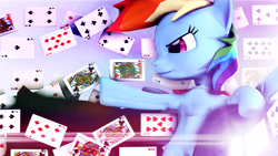 Size: 7680x4320 | Tagged: safe, artist:pointystarz, derpibooru import, rainbow dash, pegasus, pony, 3d, absurd resolution, cape, card, clothes, magic show, playing card, solo, source filmmaker