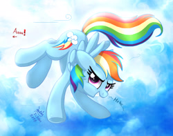 Size: 1900x1500 | Tagged: safe, artist:joakaha, derpibooru import, rainbow dash, pegasus, pony, cloud, flying, grin, implied twilight sparkle, offscreen character, smiling, solo