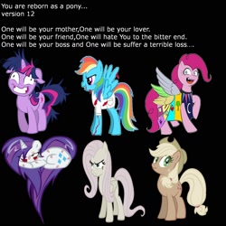 Size: 2000x2000 | Tagged: safe, derpibooru import, applejack, fluttershy, pinkie pie, rainbow dash, rarity, twilight sparkle, earth pony, pegasus, pony, unicorn, fanfic:cupcakes, fanfic:rainbow factory, lil-miss rarity, blood, discorded, flutterbitch, liar face, liarjack, mane six, pinkamena diane pie, reborn as a pony, scrunchy face, twilight snapple