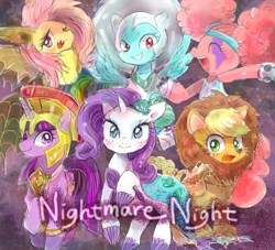 Size: 962x874 | Tagged: dead source, safe, artist:osawari64, derpibooru import, applejack, fluttershy, pinkie pie, rainbow dash, rarity, twilight sparkle, twilight sparkle (alicorn), alicorn, mermaid, pony, animal costume, applelion, astrodash, athena sparkle, clothes, costume, flutterbat costume, mane six, mermarity, nightmare night, nightmare night costume, pinkie puffs