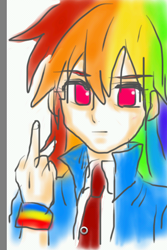 Size: 320x480 | Tagged: safe, artist:asdf314159265, rainbow dash, human, humanized, middle finger, necktie, sketchy, solo, vulgar