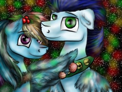 Size: 1024x768 | Tagged: safe, artist:neonspirit17, derpibooru import, rainbow dash, soarin', pegasus, pony, hearth's warming eve, holly, male, shipping, soarindash, straight