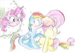 Size: 1024x735 | Tagged: safe, artist:shy-ladybug, derpibooru import, fluttershy, pinkie pie, rainbow dash, earth pony, pegasus, pony, blushing, female, flutterdash, lesbian, licking, shipping