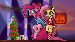 Size: 2112x1188 | Tagged: safe, artist:mang, derpibooru import, applejack, fluttershy, pinkie pie, rainbow dash, rarity, spike, twilight sparkle, twilight sparkle (alicorn), alicorn, dragon, earth pony, pegasus, pony, unicorn, bottomless, bow, christmas, christmas tree, clothes, fire, fireplace, holly, mane seven, mane six, partial nudity, present, ribbon, socks, striped socks, sweater, sweatershy, tree, twilight's castle