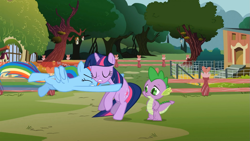 Size: 1365x768 | Tagged: safe, screencap, rainbow dash, spike, twilight sparkle, dragon, pegasus, pony, magic duel