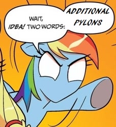 Size: 334x366 | Tagged: safe, rainbow dash, earth pony, pegasus, pony, additional pylons, blonde mane, blue coat, blue wings, comic, dialogue, exploitable meme, female, mare, meme, multicolored hair, open mouth, orange background, protoss, raised hoof, raised leg, simple background, smiling, solo, speech bubble, starcraft, two words meme, underhoof, wings