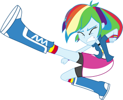 Size: 7509x6054 | Tagged: safe, artist:xxphantomxxx, derpibooru import, rainbow dash, equestria girls, absurd resolution, clothes, compression shorts, eyes closed, kick, simple background, skirt, solo, transparent background, vector