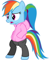 Size: 1674x2053 | Tagged: safe, artist:zacatron94, rainbow dash, pegasus, pony, alternate hairstyle, bipedal, clothes, cold, female, hoodie, mare, pants, ponytail, simple background, solo, transparent background, vector, wingless