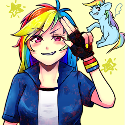 Size: 705x705 | Tagged: safe, artist:た, derpibooru import, rainbow dash, pegasus, pony, equestria girls, clothes, fingerless gloves, gloves, human coloration, nail polish, salute, self ponidox, shirt, smiling, sweatband, two fingered salute