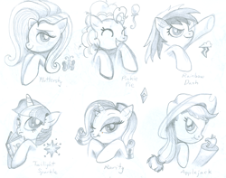 Size: 2514x1986 | Tagged: safe, artist:kittyprints91, derpibooru import, applejack, fluttershy, pinkie pie, rainbow dash, rarity, twilight sparkle, earth pony, pegasus, pony, unicorn, apple, book, food, grayscale, mane six, monochrome, tongue out, traditional art