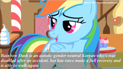 Size: 1020x576 | Tagged: safe, edit, edited screencap, screencap, rainbow dash, pegasus, pony, diverse-mlp-headcanons, female, headcanon, image macro, lidded eyes, mare, meme, solo