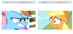 Size: 537x252 | Tagged: safe, derpibooru import, screencap, applejack, rainbow dash, earth pony, pegasus, pony, the super speedy cider squeezy 6000, exploitable meme, floppy ears, juxtaposition, juxtaposition win, meme, sweat