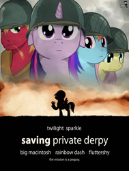 Size: 682x900 | Tagged: safe, artist:doomy, big macintosh, derpy hooves, fluttershy, rainbow dash, twilight sparkle, earth pony, pegasus, pony, unicorn, food, helmet, male, movie poster, muffin, parody, poster, save derpy, saving private ryan, silhouette, stallion, straw in mouth, world war ii