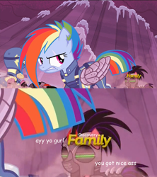 Size: 672x756 | Tagged: safe, derpibooru import, edit, screencap, rainbow dash, crystal pony, pegasus, pony, the cutie re-mark, alternate timeline, amputee, apocalypse dash, armor, augmented, clothes, comic sans, crystal war timeline, discovery family logo, eyes on the prize, glare, gritted teeth, looking back, mind control, plot, prosthetic limb, prosthetic wing, prosthetics, scar, sombra soldier, tenso, torn ear, uniform