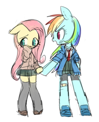 Size: 700x863 | Tagged: safe, artist:nitronic, fluttershy, rainbow dash, pegasus, pony, bipedal, clothes, holding hooves, pixiv