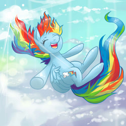 Size: 800x800 | Tagged: safe, artist:confetticakez, rainbow dash, pegasus, pony, cloud, cloudy, cute, eyes closed, falling, happy, open mouth, sky, smiling, solo, windswept mane