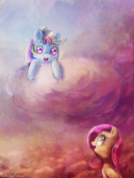 Size: 1827x2436 | Tagged: safe, artist:porkchopsammie, fluttershy, rainbow dash, pegasus, pony, cloud, cloudy, cute, dashabetes, eye contact, happy, looking up, shyabetes, younger