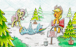 Size: 900x563 | Tagged: safe, artist:modecom1, derpibooru import, applejack, fluttershy, rainbow dash, earth pony, pegasus, pony, annoyed, christmas tree, laughing, net, snow, spruce, traditional art, trapped, tree, trio, winter