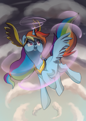 Size: 669x942 | Tagged: safe, artist:moonseeker, rainbow dash, alicorn, pony, alicornified, flying, grain, laurel, magic, race swap, rainbowcorn, raised eyebrow, smiling, solo, spread wings