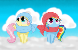 Size: 1999x1298 | Tagged: safe, artist:springveil, derpibooru import, fluttershy, rainbow dash, pegasus, pony, clothes, cloud, scarf