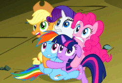 Size: 788x540 | Tagged: safe, derpibooru import, screencap, applejack, pinkie pie, rainbow dash, rarity, twilight sparkle, earth pony, pegasus, pony, unicorn, dragonshy, animated, blinking, clinging, cowboy hat, female, floppy ears, freckles, frown, gritted teeth, group hug, hat, hug, mare, open mouth, reaction image, scared, shivering, stetson, terrified, wide eyes
